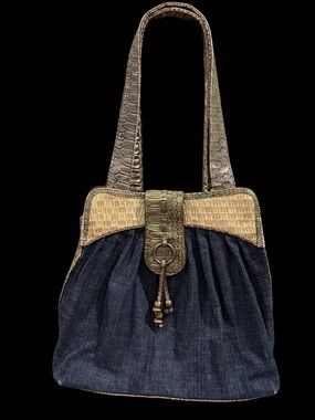 Nine & Co Vintage 90’s Denim and Faux-Snake Trim Shoulder Bag - Blue and Tan